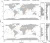 Sample locations for Tara Oceans and Malaspina global expeditions with sample distribution along latitude and depth shown in the right panels for metabarcode (a) and metagenome (b) datasets.