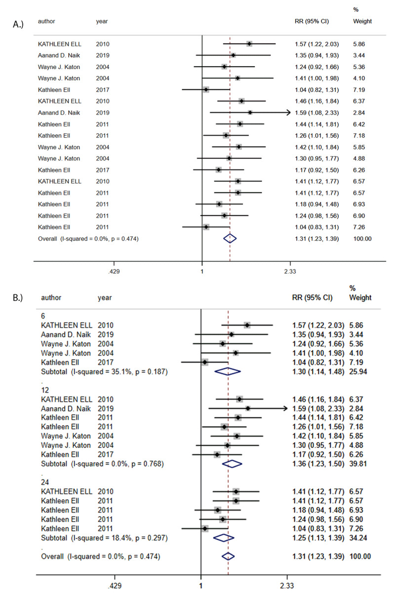 A: Risk Ratio (RR) in depression outcomes. B: Risk Ratios (RRs) of subgroup analysis in depression outcomes