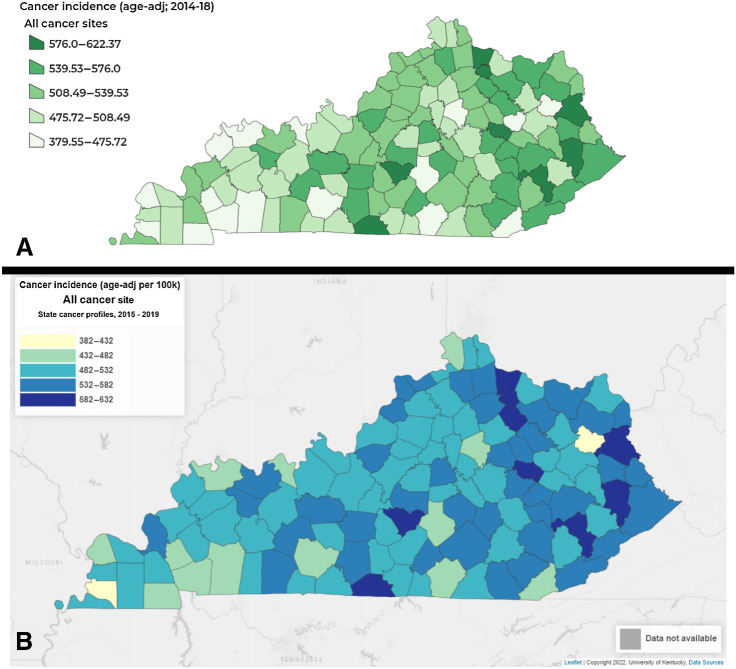 Figure 2. Examples of output from Cancer InFocus applications. A, Output generated by ArcGIS JavaScript application. B, Output generated by R Shiny application.