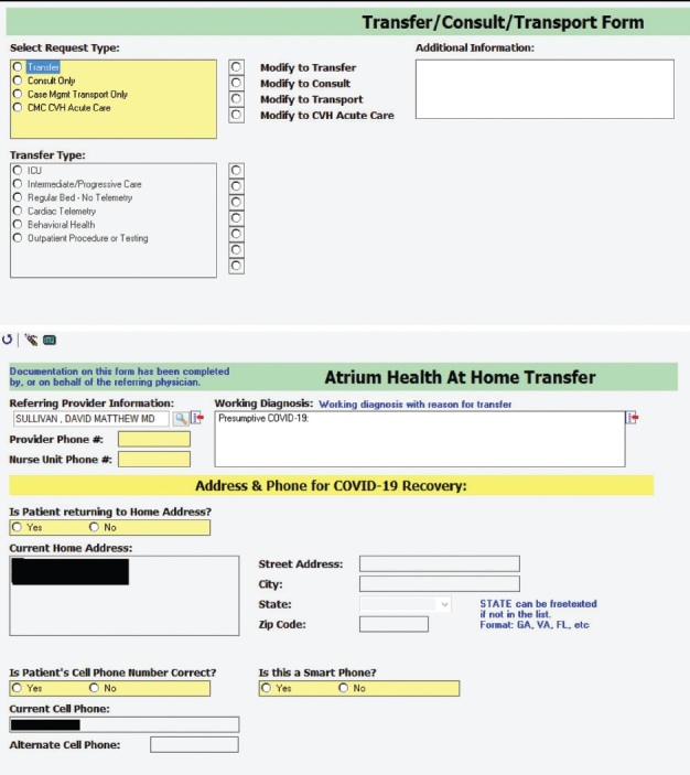 Appendix Figure 2. Atrium Health hospital at home virtual acute care unit PowerForm for transfer of patients with coronavirus disease 2019.