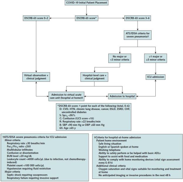 Figure 2. Initial risk scoring of COVID-19 for appropriate patient placement.ADL = activity of daily living; ATS/IDSA = American Thoracic Society/Infectious Diseases Society of America; BUN = blood urea nitrogen; CHF = congestive heart failure; COVID-19 = coronavirus disease 2019; CVD = cardiovascular disease; DBP = diastolic blood pressure; ESLD = end-stage liver disease; ESRD = end-stage renal disease; GCS = Glasgow Coma Scale; HTN = hypertension; ICU = intensive care unit; SBP = systolic blood pressure.