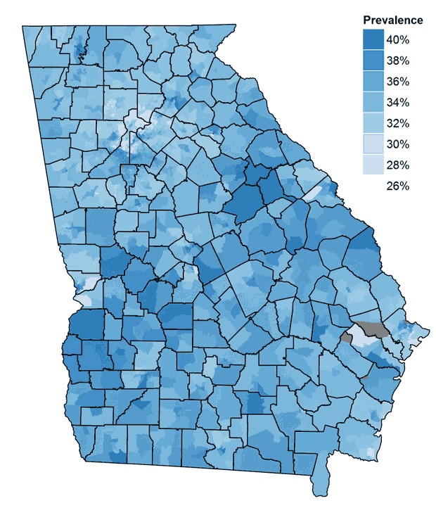 The northern area of Atlanta has lower prevalence estimates for children and adolescents who are overweight or obese, whereas some areas of the eastern, western, and southern parts of the city have higher prevalence estimates. There is also a band of high prevalence running southwest to northeast across the middle of the state.