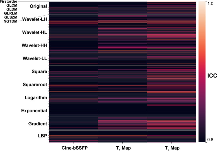 Test-retest reproducibility results of patient study summarized for all image filters and feature families. cine bSSFP = cine balanced steady-state free precession, GLCM = gray-level co-occurrence matrix, GLDM = gray-level dependence matrix, GLRLM = gray-level run-length matrix, GLSZM = gray-level size-zone matrix, ICC = intraclass correlation coefficient, LBP = local binary pattern, NGTDM = neighboring gray-tone-difference matrix, wavelet-HH = wavelet high-pass filter applied in horizontal and vertical directions, wavelet-HL = wavelet high- and low-pass filters applied in horizontal and vertical directions, wavelet-LH = wavelet low- and high-pass filters applied in horizontal and vertical directions, wavelet-LL = wavelet low-pass filter applied in horizontal and vertical directions.