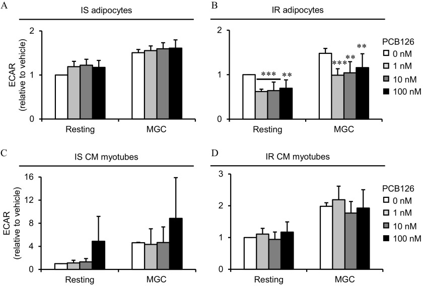 Figures 6A and 6B are two clustered bar graph titled Insulin sensitive adipocytes (A) and Insulin resistant adipocytes (B), plotting extracellular acidification rates (relative to vehicle), ranging from 0.0 to 2.0 in increments of 0.5 (y-axis) across Resting and maximal glycolytic capacity (x-axis) for Polychlorinated biphenyl-126, including 0 nanomolar, 1 nanomolar, 10 nanomolar, and 100 nanomolar. Figures 6C and 6D are two clustered bar graphs titled Insulin sensitive conditioned medium myotubes (Figure C) and Insulin resistant conditioned medium myotubes (Figure D), plotting extracellular acidification rates (relative to vehicle), ranging from 0 to 16 in increments of 4 and 0.0 to 3.0 in increments of 0.5 (y-axis), respectively, across Resting and maximal glycolytic capacity (x-axis) for Polychlorinated biphenyl-126, including 0 nanomolar, 1 nanomolar, 10 nanomolar, and 100 nanomolar.