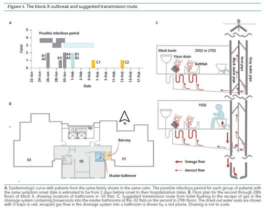 Figure 1. The block X outbreak and suggested transmission route. A. Epidemiologic curve with patients from the same family shown in the same color. The possible infectious period for each group of patients with the same symptom onset date is estimated to be from 2 days before onset to their hospitalization dates. B. Floor plan for the second through 28th floors of block X, showing locations of bathrooms in -02 flats. C. Suggested transmission route from toilet flushing to the escape of gas in the drainage system containing bioaerosols into the master bathrooms of the -02 flats on the second to 29th floors. The dried-out water seals are shown with U-traps in red; escaped gas flow in the drainage system into a bathroom is shown by a red plume. Drawing is not to scale.