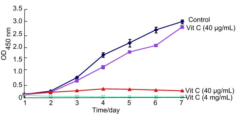 对照组 <italic>vs</italic> Vit C(40 μg/mL)组:<italic>P</italic> > 0.05; <break/>对照组 <italic>vs</italic> Vit C(400 μg/mL、4 mg/mL)组:<italic>P</italic> < 0.05; <break/> Vit C(40 μg/mL)组 <italic>vs</italic> Vit C(400 μg/mL、4 mg/mL)组:<italic>P</italic> < 0.05。 Control group <italic>vs</italic> Vit C (40 μg/mL) group:<italic>P</italic> > 0.05; <break/> Control group <italic>vs</italic> Vit C (400 μg/mL, 4 mg/mL) group:<italic>P</italic> < 0.05; <break/> Vit C (40 μg/mL) group <italic>vs</italic> Vit C (400 μg/mL, 4 mg/mL) group:<italic>P</italic> < 0.05.