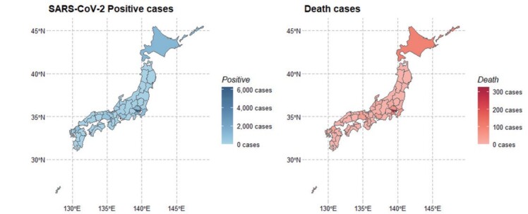 Supplementary Fig.1. Choropleth are maps for COVID-19 infections and deaths in Japan