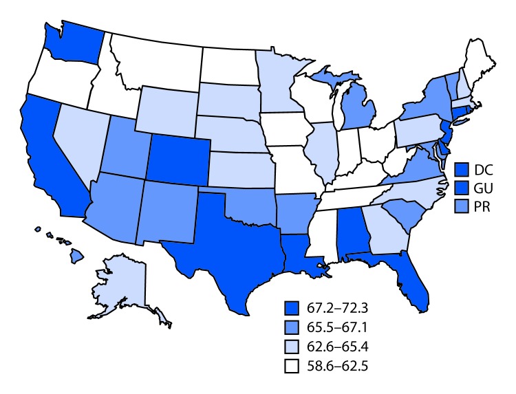 The figure is a U.S. map, showing the percentage of current and former cigarette smokers aged ≥18 years who, in 2017, reported a past-year quit attempt in the 50 states, the District of Columbia, Guam, and Puerto Rico.