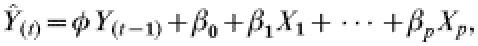 \hat{Y}_{\lpar t\rpar } \equals \phi Y_{\lpar t \minus \setnum{1}\rpar } \plus \beta _{\setnum{0}} \plus \beta _{\setnum{1}} X_{\setnum{1}} \plus \cdots\plus \beta _{p} X_{p}\comma \fleqno