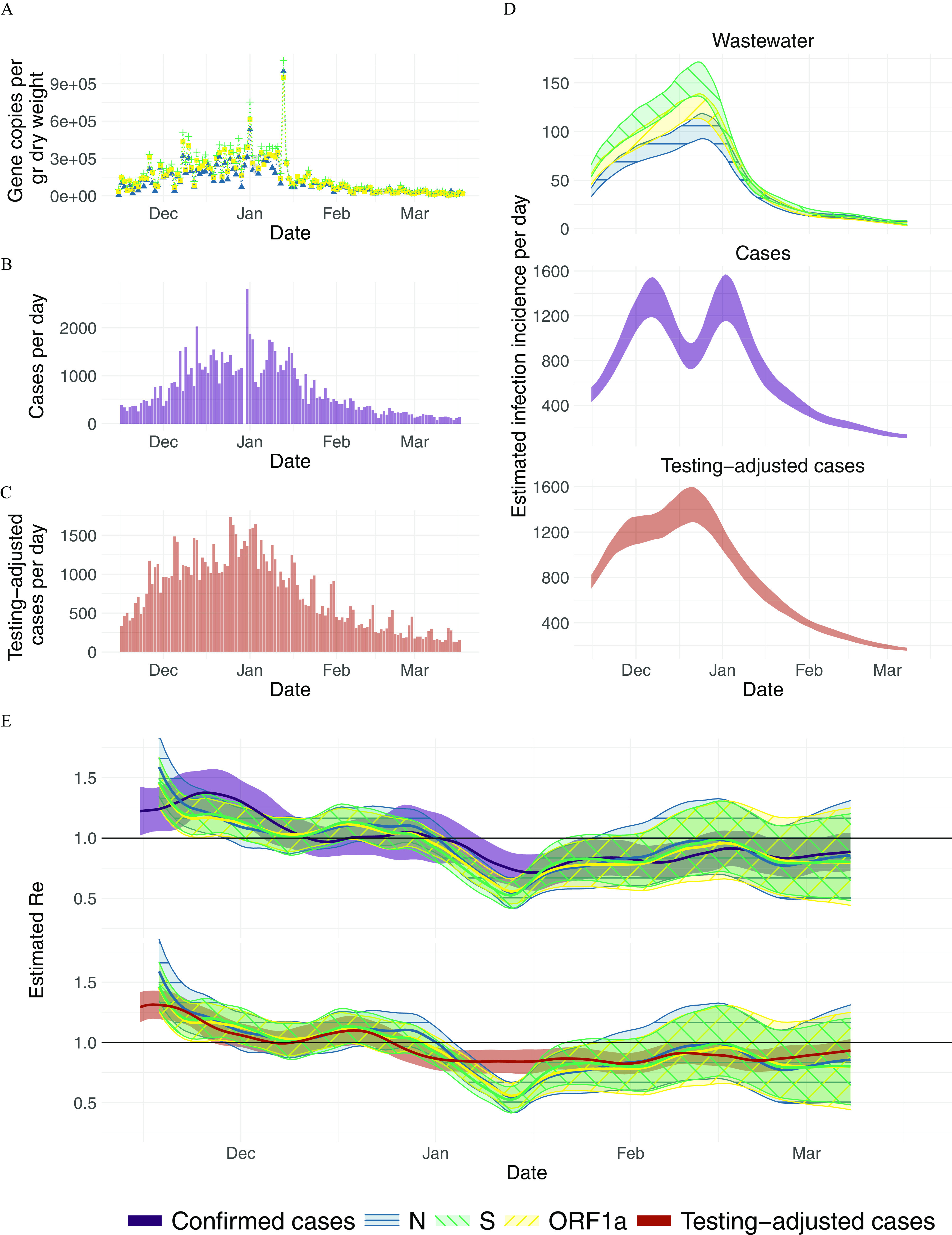 Figure 2A is a dot graph, plotting gene copies per gram dry weight, ranging from 0 to 9 times ten to the power 5 (y-axis) across Date, ranging from December to March (x-axis). Figures 2B and 2C are histograms, plotting cases per day, ranging from 0 to 2000 in increments of 1000 and testing-adjusted cases per day, ranging from 0 to 1500 in increments of 500 (y-axis) across Date, ranging from December to March (x-axis). Figure 2D is a set of three ribbon plots titled Wastewater, Cases, and Testing-adjusted cases, plotting Estimated infection incidence per day, ranging from 0 to 150 in increments of 20; 400 to 1600 in increments of 400; and 400 to 1600 in increments of 400 (y-axis) across Date, ranging from December to March (x-axis), respectively. Figure 2E is a set of two ribbon plots, plotting Estimated effective reproduction number, ranging from 0.5 to 1.5 in increments of 0.5 (y-axis) across Date, ranging from December to March (x-axis) for confirmed cases, uppercase n, uppercase s, open reading frame 1 a, and testing-adjusted cases.