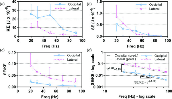 (a) Kinetic energy (KE) and (b) strain energy (SE) computed for each participant for occipital excitation and lateral excitation. (c) SE/KE ratio on a linear scale and (d) SE/KE ratio on a log–log scale. Dashed lines show predicted SE/KE with best-fit model parameters: bLat=0.295, bOcc=−0.309, and m=−1.08. In all panels, values are mean for 16 participants and error bars indicate plus or minus one standard deviation.