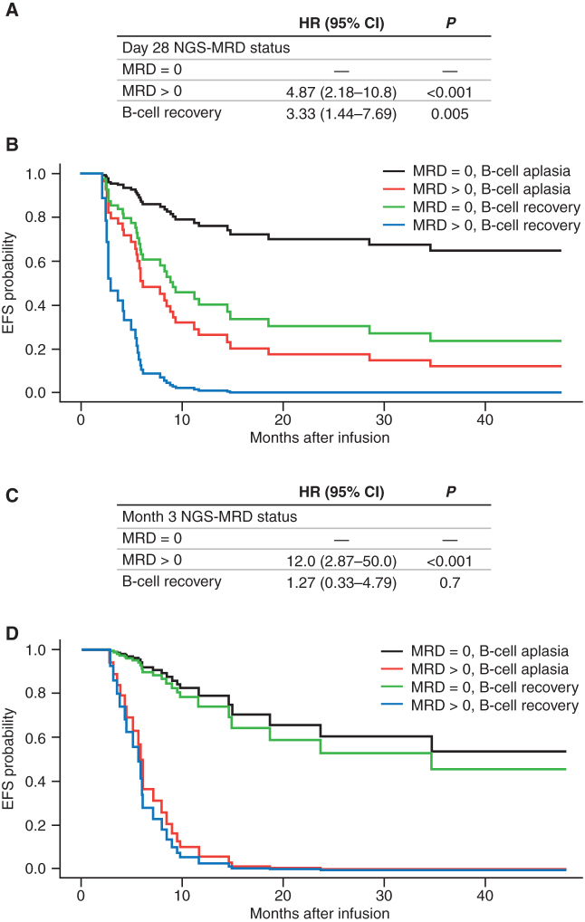 Figure 5. Multivariate Cox proportional hazards analyses for EFS combining BMNGS-MRD status (fixed times at day 28 or month 3) and B-cell recovery (time-dependent covariate). A, Results from multivariate Cox model for EFS using day 28 BMNGS-MRD status and B-cell recovery data within the first year (n = 66). B, Adjusted EFS curves based on the Cox model in A. C, Results from multivariate Cox model for EFS using month 3 BMNGS-MRD status and B-cell recovery data within the first year (n = 45). D, Adjusted EFS curves based on the Cox model in C.