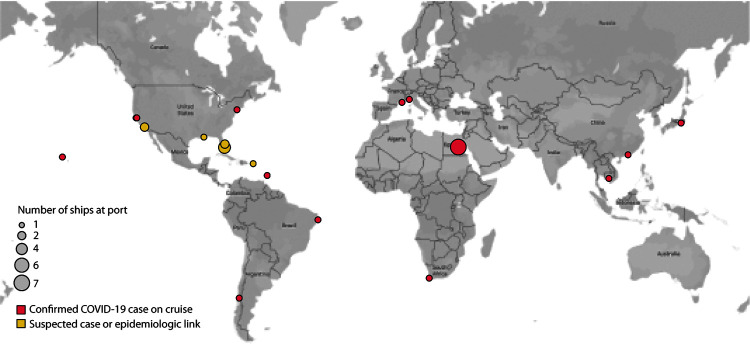 The figure is a map that shows cruise ships with COVID-19 cases requiring public health responses worldwide during January–March 2020.