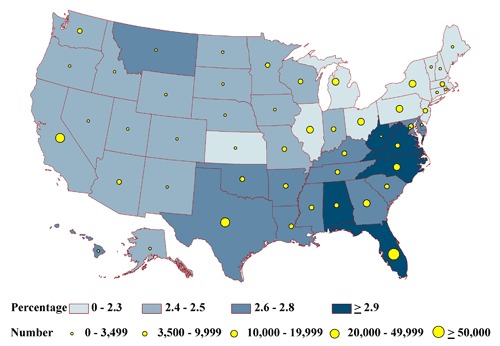 map This map of the United States shows that the highest percentage of older, inactive adults categorized as homebound occurred in the South. The estimated total adults in each health status group tended to be lowest in the least populous state, Alaska, and highest in the most populous state, California.