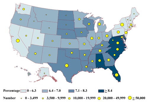 map This map of the United States shows that the highest percentage of older, inactive adults categorized as frail occurred in the South. The estimated total adults in each health status group tended to be lowest in the least populous state, Alaska, and highest in the most populous state, California.