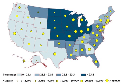 map This map of the United States shows that the highest percentage of older, inactive adults categorized as impaired occurred in the Midwest. The estimated total adults in each health status group tended to be lowest in the least populous state, Alaska, and highest in the most populous state, California.