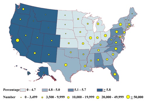 map This map of the United States shows that the highest percentage of older, inactive adults categorized as healthy occurred in the West. The estimated total adults in each health status group tended to be lowest in the least populous state, Alaska, and highest in the most populous state, California.