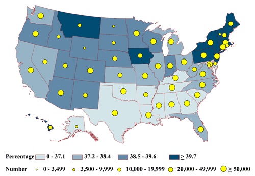 map This map of the United States shows that the highest percentage of older, inactive adults categorized as having at least 1 comorbid condition occurred in the Northeast. The estimated total adults in each health status group tended to be lowest in the least populous state, Alaska, and highest in the most populous state, California.