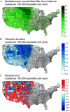 Figure 5a is a map of the United States of America, depicting the modeled mean for the annual West Nile virus incidence predicted by the random forest model in that each county displays the average of the 500 iterations of out-of-sample testing data. A scale ranges from 0 to 2 in increments of 1, 5 to 25 in increments of 5, 25 to 35 in increments of 10. Figure 5b is a map of the United States of America, depicting the standard deviation (cases per 100000 population per year) across those 500 iterations. A scale ranges from 0.0 to 0.5 in increments of 0.1 and 0.5 to 1.0 in increments of 0.5, and 1.0 to 3.0 in increments of 1.0. Figure 5c is a map of the United States of America, depicting the absolute error (cases per 100000 population per year) from observed West Nile virus incidence levels from 2005 to 2019. A scale ranges from negative 40.0 to negative 10.0 in increments of 10, negative 10.0 to negative 5.0 in increments of 5.0, negative 5.0 to negative 1.0 in increments of 4.0, negative 1.0 to 1.0 in increments of 0.5, 1.0 to 5.0 in increments of 4.0, 5.0 to 10.0 in increments of 5.0, and 10.0 to 20.0 in increments of 10.0.