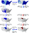 Figure 7 is a set of seven maps of the United States of America, depicting the summary regression tree with county-level conditional climate splits that is created from the mean random forest predictions. On the top-left, the map depicts that 496 counties have mean annual precipitation in December, January, and February of less than 23.3 millimeters per month and have an average West Nile virus incidence of 9.19 cases per 100000 people per year. On the top-left, the map also depicts that 2610 counties have mean annual precipitation in December, January, and February that is greater than or equal to 23.3 millimeters per month and have an average West Nile virus incidence of 0.80 cases per 100000 people per year. On the top-right, the map depicts the secondary outcome for counties that have greater than or equal to 23.3 milimeters per month of precipitation in December, January, and February. On the top-right, the map depicts that 360 counties have mean annual precipitation in September, October, and November of less than 65.7 millimeters per month and have an average West Nile virus incidence of 2.91 cases per 100000 people per year; this is a terminal node. On the top-right, the map depicts that 2250 counties have mean annual precipitation in September, October, and November greater than or equal to 65.7 millimeters per month and have an average West Nile virus incidence of 0.46 cases per 100000 population per year, and this is a terminal node. Below, on the left, the map depicts that 277 counties have mean annual precipitation in Eigenvectors 2 less than 6.9 times 10 and begin superscript negative 4 end superscript, and the average West Nile virus incidence is equal to 12.84 cases per 100000 people per year. On the right, there were 221 counties that have mean annual precipitation in Eigenvectors 2 greater than or equal to 6.9 times 10 begin superscript negative 4 end superscript and an average West Nile virus incidence equal to 4.70 cases per 100000 population per year. Below, on the left, the map depicts that 41 counties have mean annual precipitation in Eigenvectors 2 less than 1.0 times 10 begin superscript negative 6 end superscript and an average West Nile virus incidence equal to 5.14 cases per 100000 population per year. On the right, there were 236 counties that have mean annual precipitation in Eigenvectors 2 greater than or equal to 1.0 times 10 begin superscript negative 6 end superscript and an average West Nile virus incidence equal to 14.17 cases per 100000 population per year. Below, on top, the map depicts that 200 counties have mean annual precipitation in June, July, and August greater than or equal to 49.73 millimeters per month and have an average West Nile virus incidence of 15.35 cases per 100000 people per year. At the bottom, there were 36 counties with mean annual precipitation in June, July, and August less than 49.73 millimeters per month and an average West Nile virus incidence of 7.63 cases per 100000 population per year. At the bottom-right, on the left, the map depicts that 102 counties have a mean annual temperature in December, January, and February that is less than 6.0 and have an average West Nile virus incidence of 17.29 cases per 100000 people per year. On the right, there are 98 counties with mean annual temperatures in December, January, and February that are greater than or equal to negative 6.0 and have an average West Nile virus incidence of 13.34 cases per 100000 people per year. Above, on the left, the map depicts that 22 counties have a mean annual temperature in June, July, and August that is less than 19.6 and have an average West Nile virus incidence of 13.10 cases per 100000 people per year. On the right, there are 80 counties with a mean annual temperature in June, July, and August that is greater than or equal to 19.6 and an average West Nile virus incidence of 18.44 cases per 100000 people per year.