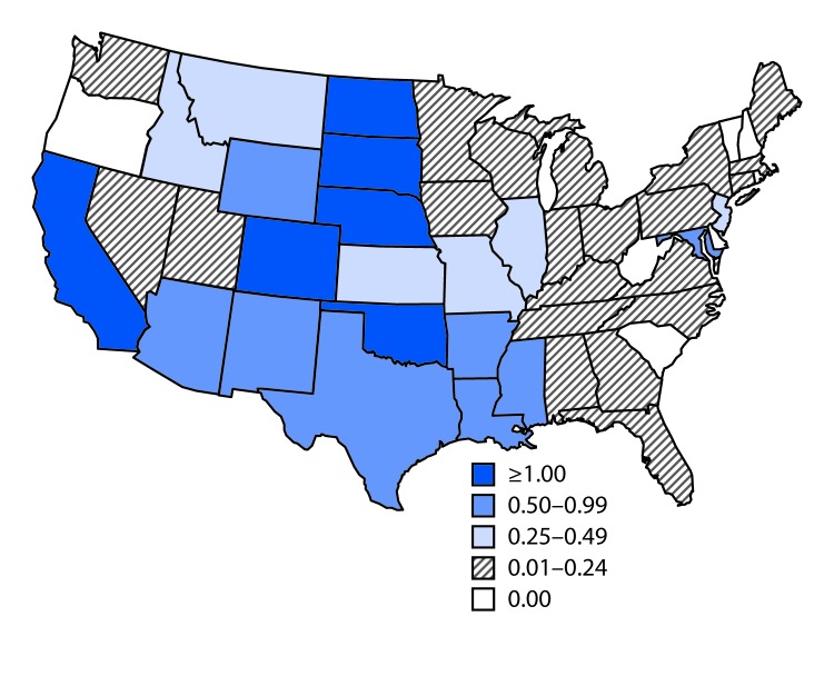 The figure above is a map of the United States showing the rate of reported cases of West Nile virus neuroinvasive disease during 2015.