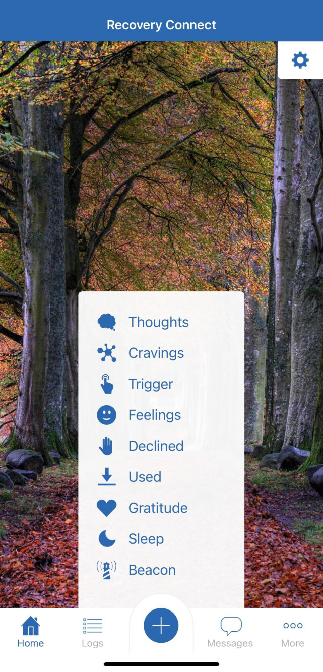 App interface for “Recovery Connect” over a forest background. Features icons and labels: Thoughts, Cravings, Trigger, Feelings, Declined, Used, Gratitude, Sleep, Beacon. Bottom menu includes Home, Logs, plus sign, Messages, More.