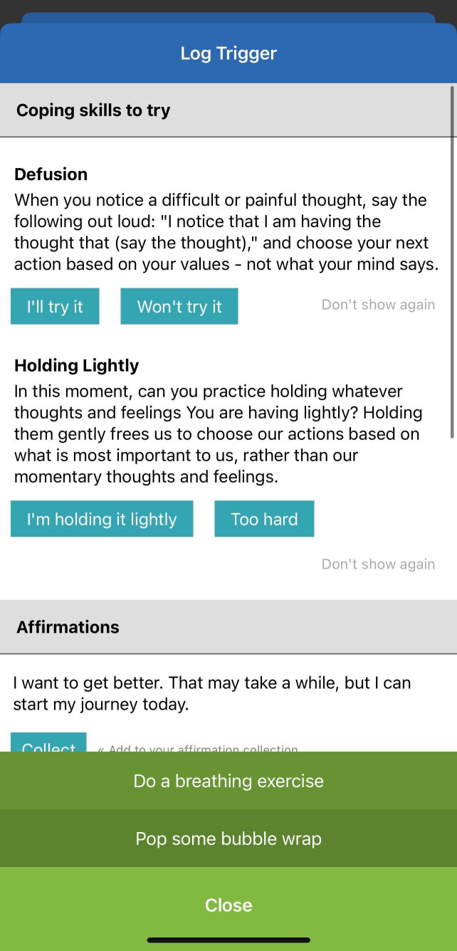Screenshot from the "Recovery Connect" app showing example coping skills and affirmations. It includes instructions for "Defusion" and "Holding Lightly", offering options such as "I'll try it" and "Too hard". An affirmation example is included saying "I want to get better. That may take a while, but I can start my journey today." A pop-up menu at the bottom shows the following options: "Do a breathing exercise" and "Pop some bubble wrap".