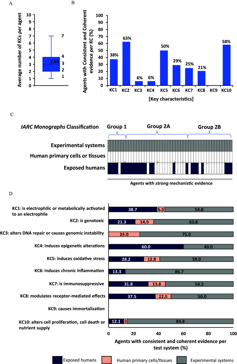 Figure 1A is a box and whiskers plot, plotting Average number of key characteristics per agent, ranging from 0 to 10 in unit increments (y-axis) across evidence (x-axis). Figure 1B is bar graph, plotting Agents with Consistent and Coherent evidence per key characteristics (percentage), ranging from 0 to 100 in increments of 10 (y-axis) across key characteristics, ranging from 1 to 10 in unit increments (x-axis). Figure 1C is a heatmap, plotting agents with strong mechanistic evidence and classified as IARC Group 1, Group 2A, or Group 2B. According to the current IARC Monographs Preamble,3 the mechanistic evidence is considered strong if results in several different experimental systems are consistent and the overall mechanistic database is coherent. Each column represents one agent evaluated with strong mechanistic evidence. Each line represents the test system of the mechanistic evidence evaluated as consistent and coherent. Figure 1D is a horizontal stacked bar graph, plotting the percentage of agents with consistent and coherent evidence per test system across the 10 key characteristics of carcinogens: KC1, KC2, KC3, KC4, KC5, KC6, KC7, KC8, KC9, KC10 (y-axis) across Agents with consistent and coherent evidence per test system (percentage), ranging from 0 to 100 in increments of 20 (x-axis) for Exposed humans, Human primary cells or tissues, and Experimental systems.
