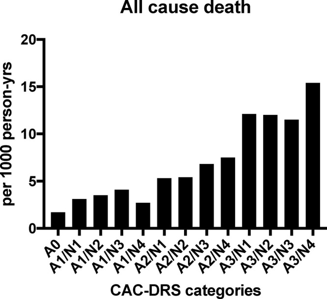 Cumulative all-cause mortality rate (per 1000 person-years) by CAC-DRS categories. CAC-DRS = Coronary Artery Calcium Data and Reporting System, Ax = Agatston score, Ny = number of vessels affected by CAC, yrs = years. (Reprinted, with permission, from reference 19.)