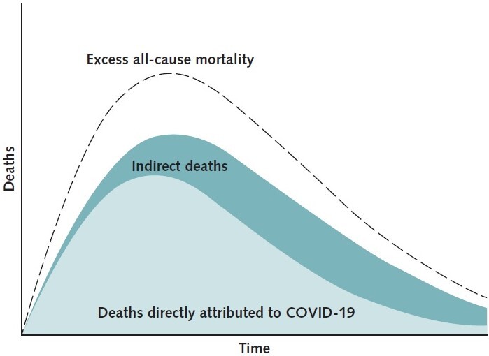 Figure. Schematic representation of deaths due to the COVID-19 pandemic. Early in the pandemic, deaths not directly attributed to COVID-19 included unrecognized deaths from severe acute respiratory syndrome coronavirus 2 (white band) because of evolving case definitions and inadequate testing. As the pandemic continues, it is likely that they will include a greater proportion of indirect deaths (dark green band) from disruptions to society and health systems caused by the pandemic. COVID-19 = coronavirus disease 2019.