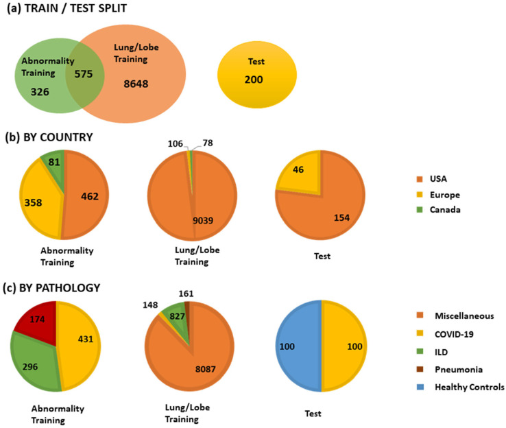 The training and testing set composition in terms of country of origin and lung pathology. ILD = interstitial lung disease