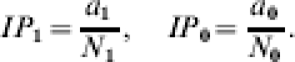 IP_{\setnum{1}} \equals {{a_{\setnum{1}} } \over {N_{\setnum{1}} }}\comma \quad IP_{\setnum{0}} \equals {{a_{\setnum{0}} } \over {N_{\setnum{0}} }}.