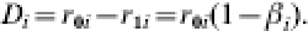 D_{i} \equals r_{\setnum{0}i} \minus r_{\setnum{1}i} \equals r_{\setnum{0}i} \lpar 1 \minus \beta_{i} \rpar.