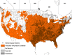 A map shows regions of Canada and the USA having temperature conditions suitable for A. americanum populations; and marking US counties identified as having no records of the tick or a reported or established status for A. americanum.