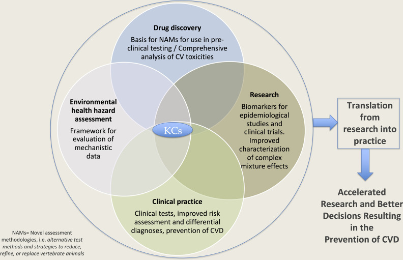 Figure 1 is a flow chart titled Key Characteristics comprising a Venn diagram. The Venn diagram has four circles, namely, Drug discovery; Basis for novel assessment methodologies for use in pre-clinical testing per comprehensive analysis of Cardiovascular toxicities; Research; Biomarkers for epidemiological studied and clinical trials. Improved characterization of complex mixture effects; Clinical practice; Clinical tests, improved risk assessment and differential diagnosis, prevention of cardiovascular disease; and Environmental health hazard assessment, Framework for evaluation of mechanistic data, interconnected to each other. The center of the Venn diagram is labeled key characteristics. The Venn diagram then leads to translation from research into practice. The translation from research into practice leads to Accelerated research and better decisions resulting in the prevention of cardiovascular disease.