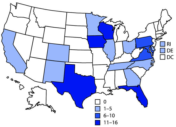 The figure is a map of the United States showing the number of confirmed COVID-19 cases (N = 101) linked to nine Nile River cruises held during February 11–March 5, 2020, by the patients’ 18 states of residence.