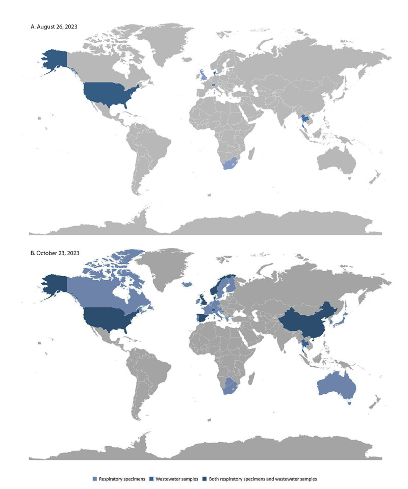 The figure is a map illustrating the geographic spread of SARS-CoV-2 BA.2.86 variant detection in respiratory and wastewater samples, by country, during August 26 and October 23, 2023.