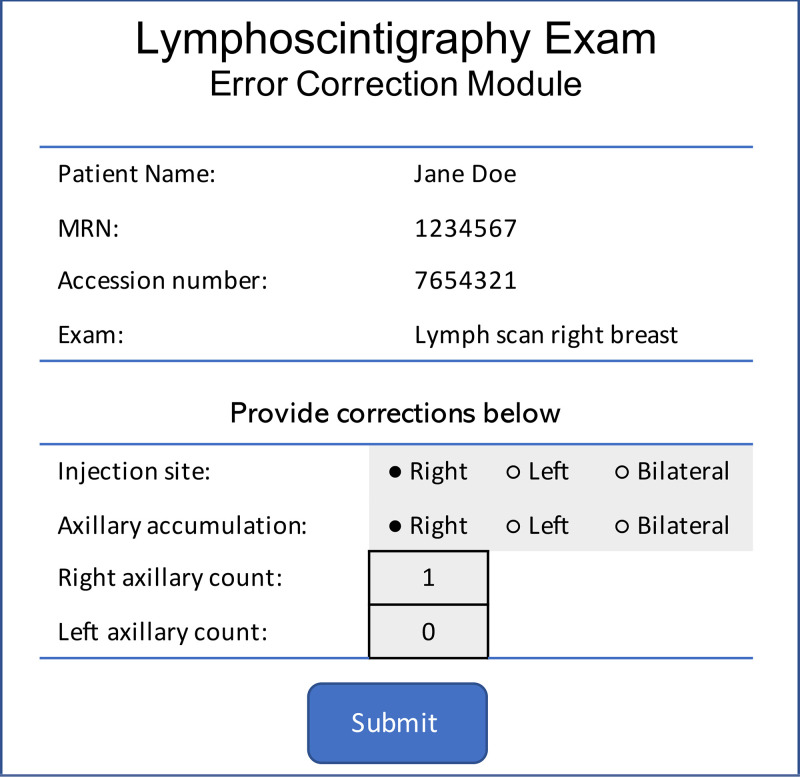 Error correction component–generated form that allows radiologists to provide corrections to report information (component 6 in Fig 2). The radiologist launches the form from the picture archiving and communication system. After clicking “submit,” the data are recorded in the database, and the preliminary report is re-created and delivered to the dictation system by another component in the artificial intelligence system.