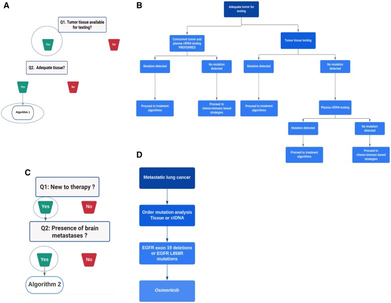 After reading the overview, the user would proceed to the clinical algorithm. Figure 2A shows the NGS testing clinical pathway. It showcases 2 key decision points: whether or not there is tumor tissue available for testing, and whether tissue quantity is available adequately. In this clinical question, if there is tumor tissue available adequately, the physician would click on Algorithm 1 (Figure 2B).