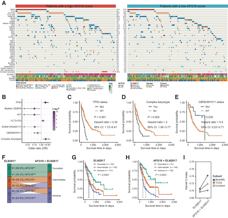 Figure 3. Differences in the incidences of genomic abnormalities between AFG16high and AFG16low patients. A, Heatmap showing somatic mutations and clinical information between AFG16high and AFG16low patient groups. B, Forest plot showing the mutations and cytogenetic abnormalities that differs in frequencies between AFG16high and AFG16low groups. Kaplan–Meier estimates of OS according to the status of TP53 mutation (C), complex karyotype (D), and CBFB/MYH11 fusion (E). F, Reassignment of patient risks from the three ELN2017 schema (favorable, intermediate, and adverse risk) to the ELN plus AFG16 categories. ELN2017 favorable/AFG16high and ELN2017 adverse/AFG16low patients were reclassified to the intermediate risk, and ELN2017 intermediate/AFG16high patients were reassigned to the adverse risk. Kaplan–Meier estimates of OS according to the risk categories of patients with AML in the ELN2017 (G) and AFG16 plus ELN2017 (H) schema. I, Harrell's C-index of risk classification by ELN2017 and AFG16 plus ELN2017 in the TCGA, BeatAML, and combined dataset.