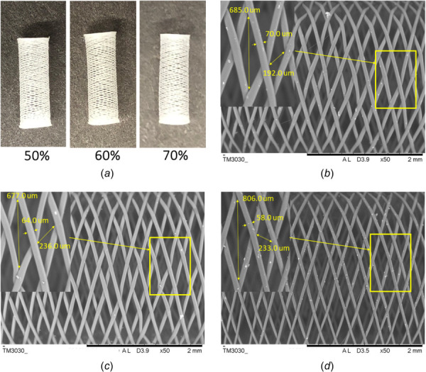 (a) Fabricated bioresorbable nonbraided PCL flow diverters of 50%, 60%, and 70% porosities with 8× magnification; SEM images with typical strut and pore sizes for (b) 50% porous, (c) 60% porous, and (d) 70% porous PCL flow diverters