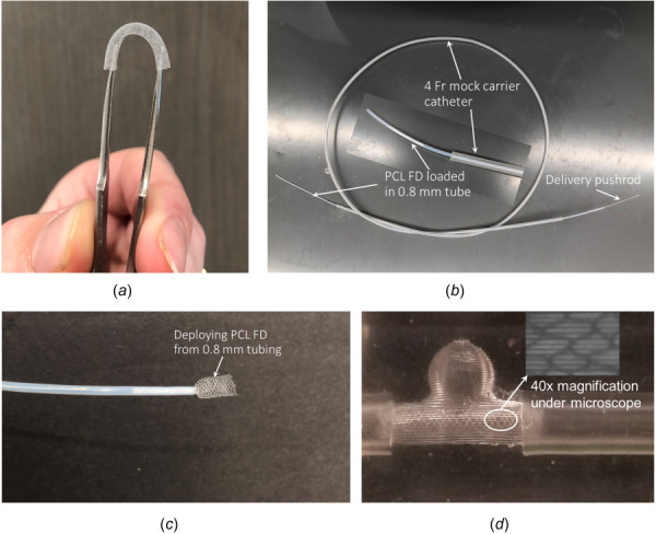 (a) Bending flexibility demonstration of the PCL FDS, (b) 3.5 mm nominal diameter PCL FD is loaded into a 0.8 mm inner diameter tubing and 4 Fr mock carrier catheter, (c) deploying form the delivery tube with a half-way deployed PCL FDs from 0.8 mm tubing, and (d) Deployed into a 3 mm inner diameter PDMS aneurysm model