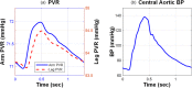 Representative measurements of (a) PVR signals at an arm and a leg and (b) central aortic BP signal