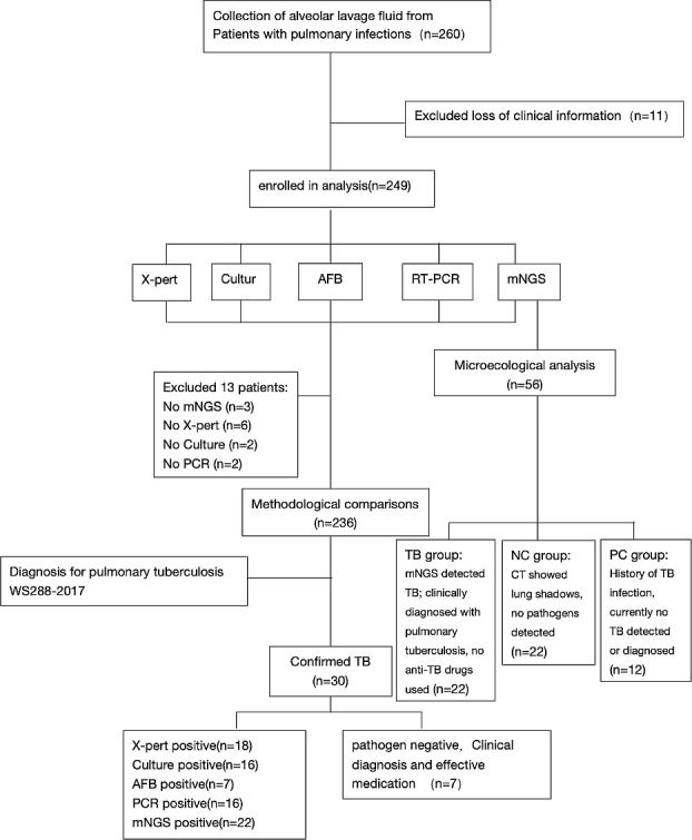 Flowchart of study design for pulmonary infection diagnostics. Of 260 patients, 249 were analyzed using X-pert, culture, AFB, RT-PCR, and mNGS. After exclusions, 236 underwent methodological comparison. 30 were confirmed TB cases; mNGS identified 22.
