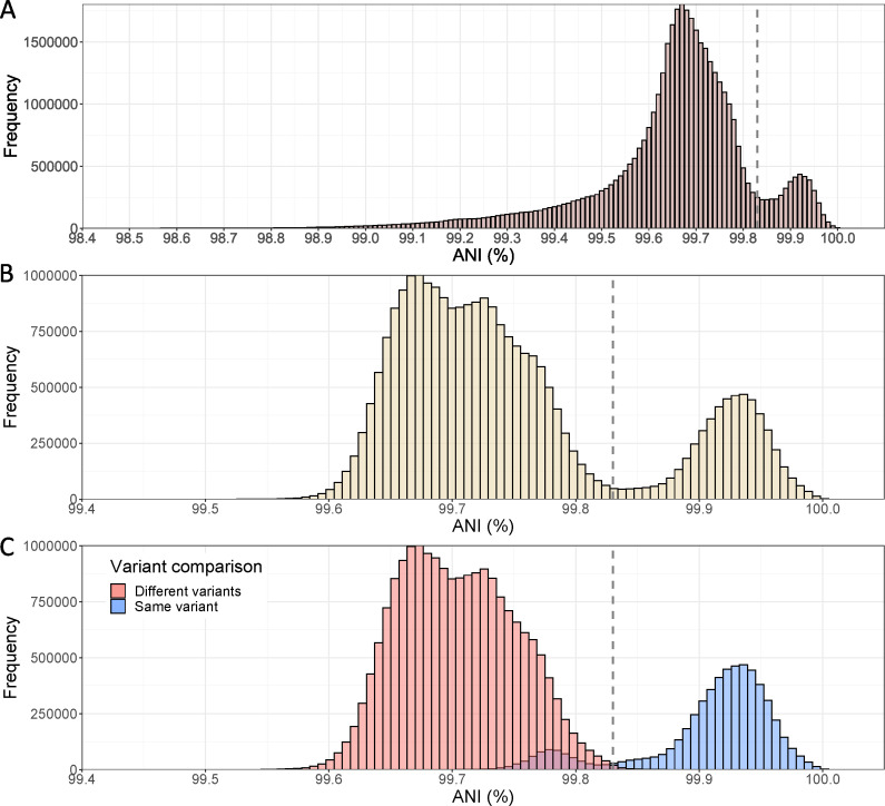 Three histograms display ANI % and frequency data. The first shows two blurred peaks at 99.7% and 99.9% ANI, which become clearer in the second histogram. The third compares variants, with one peak for different variants and another for the same variant.