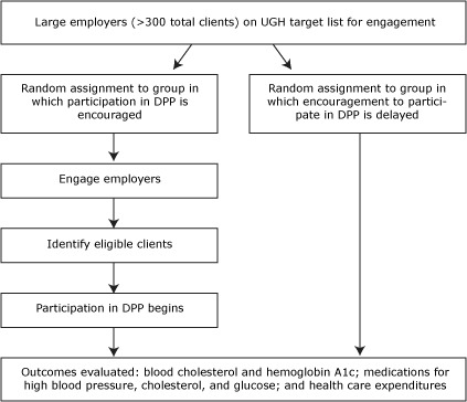 Large employers (>300 total clients) on UHG’s target list for engagement are randomly assigned to 2 groups: either a group in which participation in DPP is encouraged or to a group in which encouragement to participate is delayed. From the group of employers in which participation is encouraged, eligible clients are identified and participation in DPP begins. The outcomes that will be evaluated for both of the groups are blood cholesterol and hemoglobin A1c; medications for high blood pressure, cholesterol, and glucose; and health care expenditures.