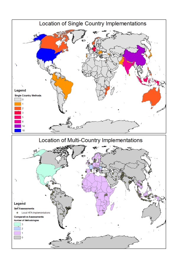 Sub-national Location and number of composite indicators implemented at the sub-national level in single countries and multiple countries