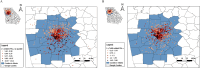 Figure 1A is a map of Atlanta, Georgia, depicting the geographic distribution of Emory Healthy Brain Study participants and annual ambient residential particulate matter begin subscript 2.5 end subscript (in microgram per meter cubed) exposure by quantile. The legend includes 1-year ambient particulate matter begin subscript 2.5 end subscript by quartile, counties in Atlanta, and Georgia counties. The 1-year ambient particulate matter begin subscript 2.5 end subscript by quartile range is divided into five parts, namely, 5.63 to 8.98; 8.98 to 9.37, 9.37 to 9.66, 9.66 to 10.07, 10.07 to 13.21. A scale depicts the kilometer ranges from 0 to 48 in increments of 16. Figure 1B is a map of Atlanta, Georgia, depicting the geographic distribution of Emory Healthy Brain Study participants and annual traffic-related residential particulate matter begin subscript 2.5 end subscript exposure, including minimum and maximum with categories determined by the Jenks natural breaks algorithm. The legend includes 1-year traffic-related particulate matter begin subscript 2.5 end subscript, counties in Atlanta, and Georgia counties. The 1-year traffic-related particulate matter begin subscript 2.5 end subscript range is divided into five parts, namely, 0.2 to 1, 1 to 2, 2 to 3, 3 to 4, 4 to 5.1. A scale depicts the kilometer ranges from 0 to 32 in increments of 16.