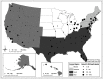 Figure 1 is a map of the United States of America, depicting the study of 90 airports symbolized by U.S. Census regions and quartiles of Nurses’ Health Study participants. A scale depicts miles ranging from 0 to 180 in increments of 90 and 180 to 360 in increments of 180. At the bottom-left, a map of Alaska is displayed with a scale depicting miles ranging from 0 to 460 in increments of 230 and 460 to 920 in increments of 460. At the bottom-center, a map of Hawaii is displayed with a scale depicting miles ranging from 0 to 80 in increments of 40 and 80 to 160 in increments of 80. At the bottom-right, the following information is given: The Census region includes the Midwest, Northeast, South, and West. Airport and N H S participants includes four ranges: 0 to 26, 27 to 108, 109 to 616, and 617 to 4,780.