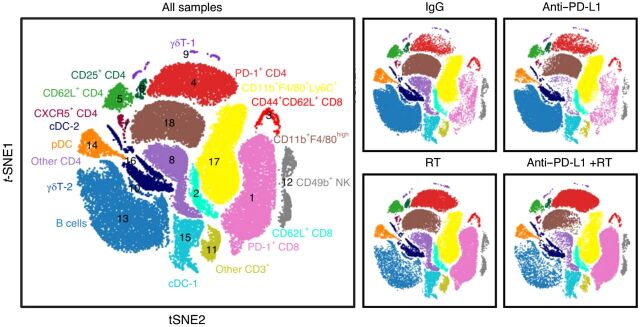 Figure 3. Effect of radiotherapy on immune-cell populations in the liver. Large plot; viSNE analysis of CyTOF immunophenotyping of livers from mice with both subcutaneous and liver tumors, treated with IgG, anti–PD-L1, liver-directed radiotherapy, or combination therapy, as depicted in Yu and colleagues (37). Figure previously published in Nature Medicine (37); reprinted with permission.